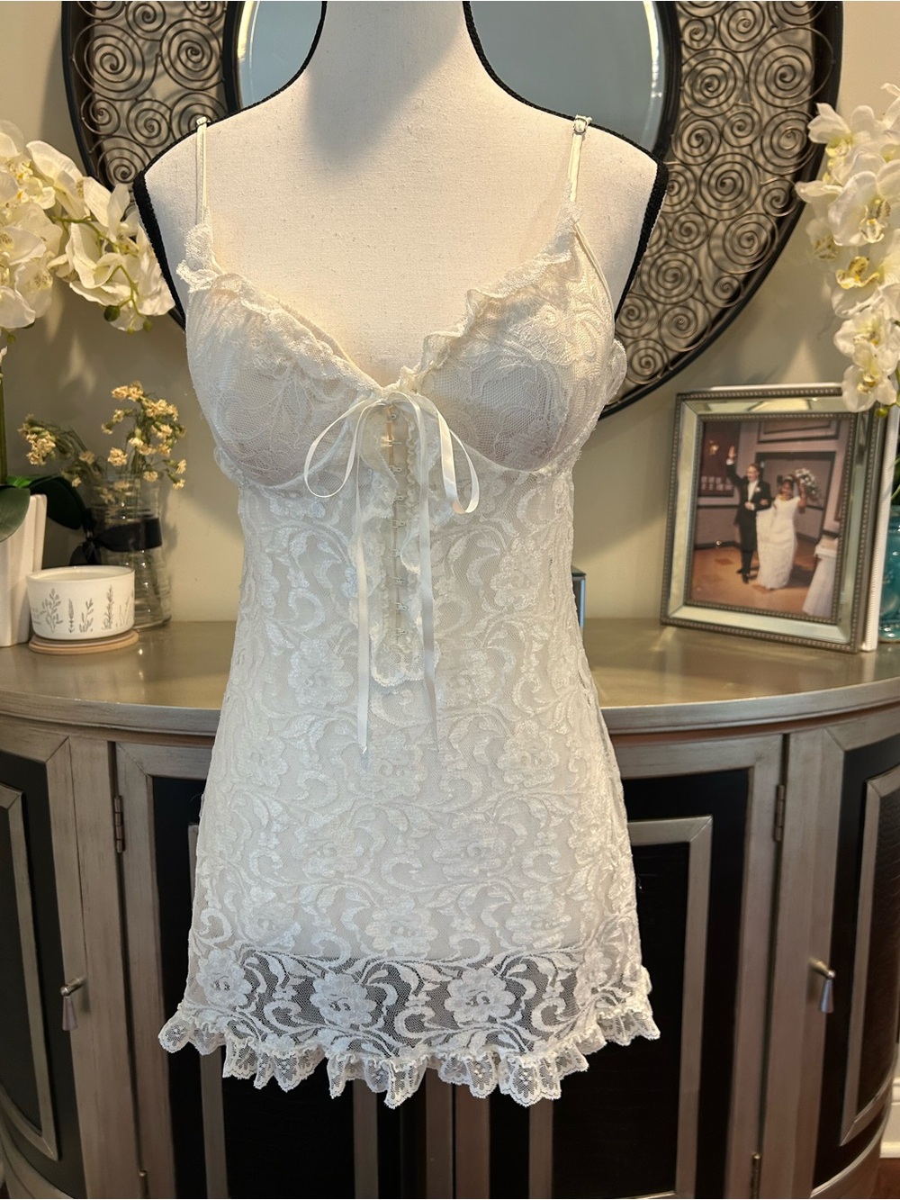 Delicate Lace Chemise Slip in Ivory with Ribbon Tie